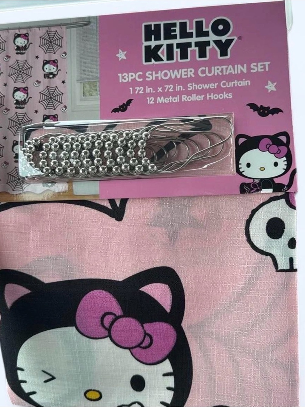 NWT Hello Kitty in cat costume Pink Shower Curtain Set with Silver Roller Hooks
